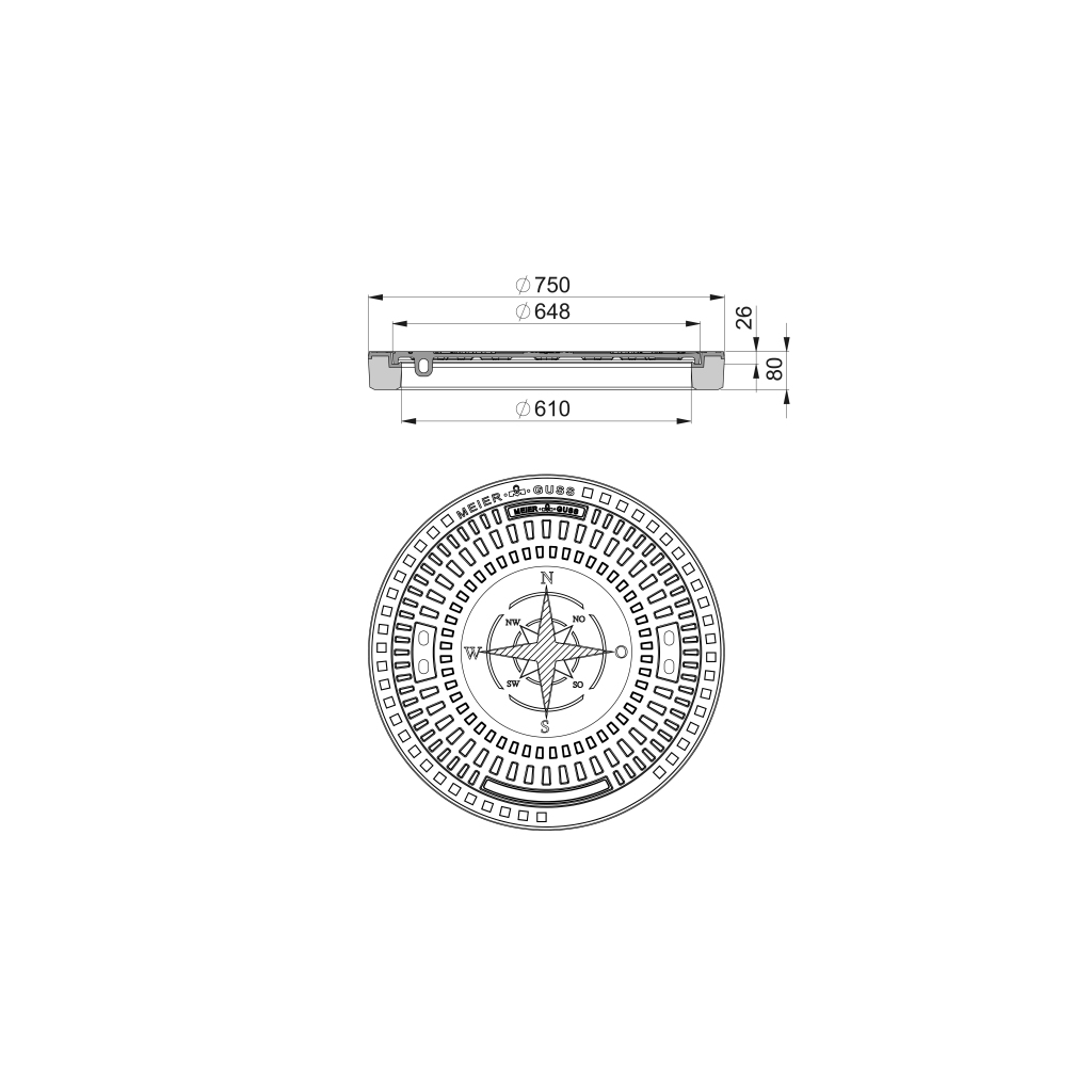 MG 101005WR Schachtabdeckung Kl.A 15 50Kn rund o.B mit Motiv Windrose 